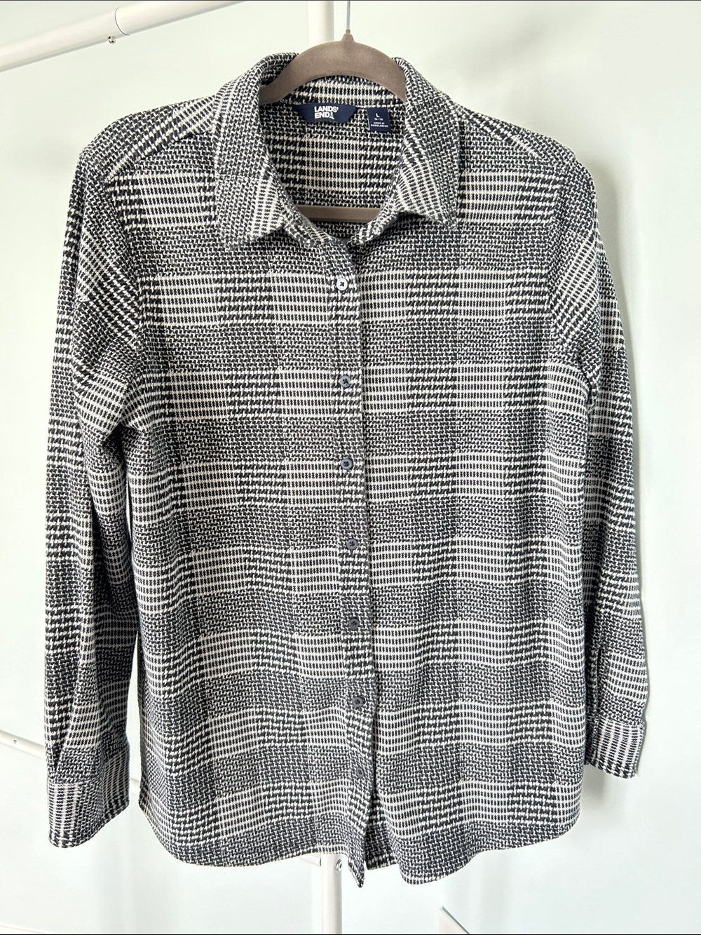Lands' End Women’s Black and White Houndstooth Button-Down Shirt